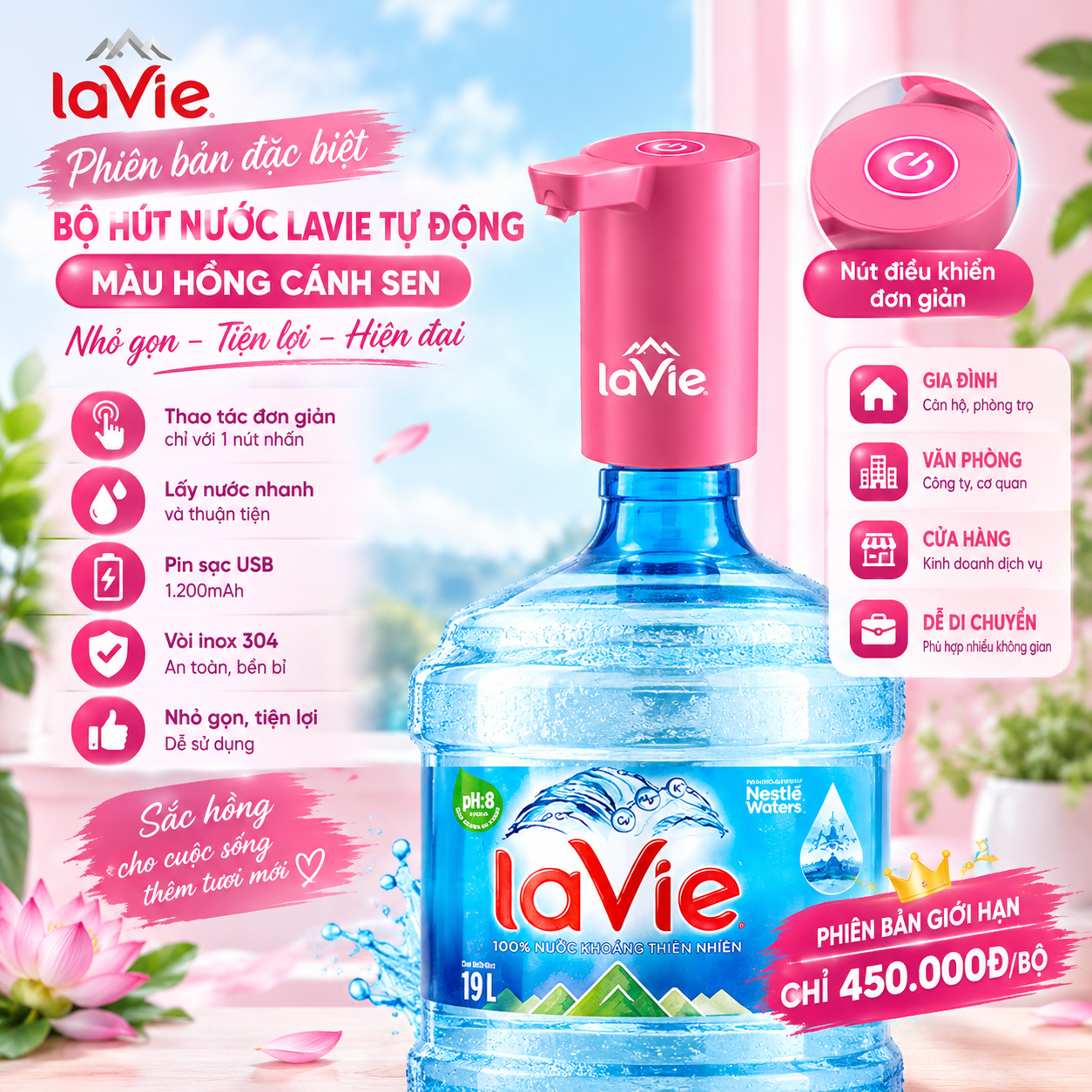 Bộ hút nước LaVie hồng cánh sen-1 Bộ hút nước LaVie hồng cánh sen-1